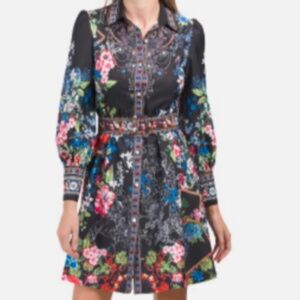 Dalia Macphee Long Sleeve Floral Border Printed my Shirt Dress Medium New